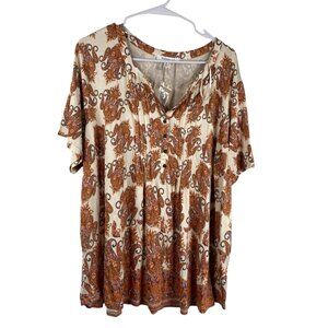 Rose + Olive Top Women's Pleated Henley Short Sleeves Multicolor Sz 2X Paisley